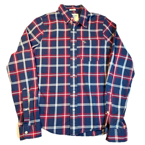 Abercrombie & Fitch Shirt Mens XL Red Blue Plaid Button Up Muscle Preppy - Picture 1 of 8